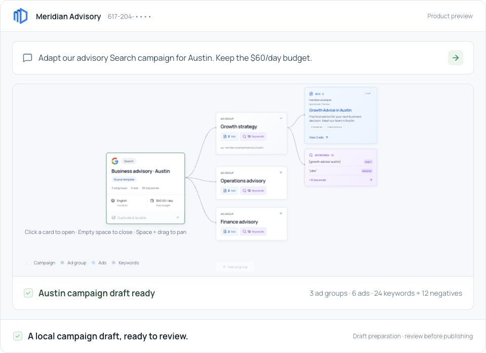 An existing advisory campaign is adapted for Austin, with local ad groups, ads and keywords ready to review.
