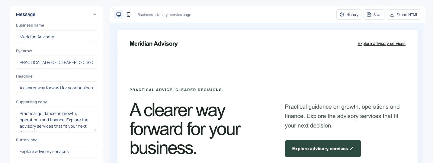 Landing Studio with an advisory brief, editable page controls and a desktop page preview.