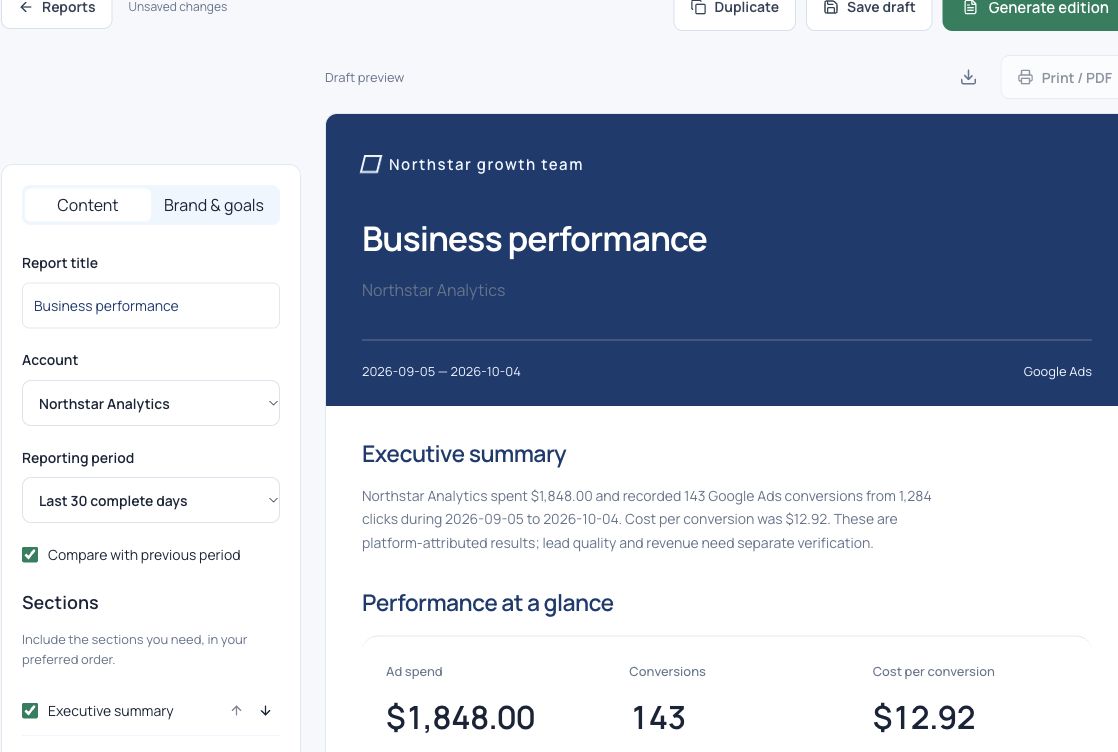 Entryway sample report builder with editable summary, report sections and account evidence
